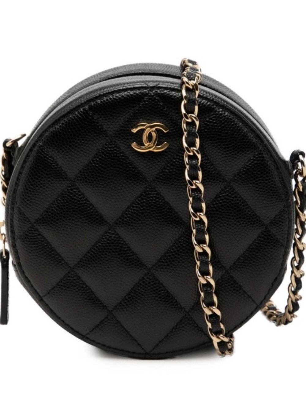Chanel CC Logo Quilted Crossbody Round Chain Shoulder Bag Black Caviar Leather